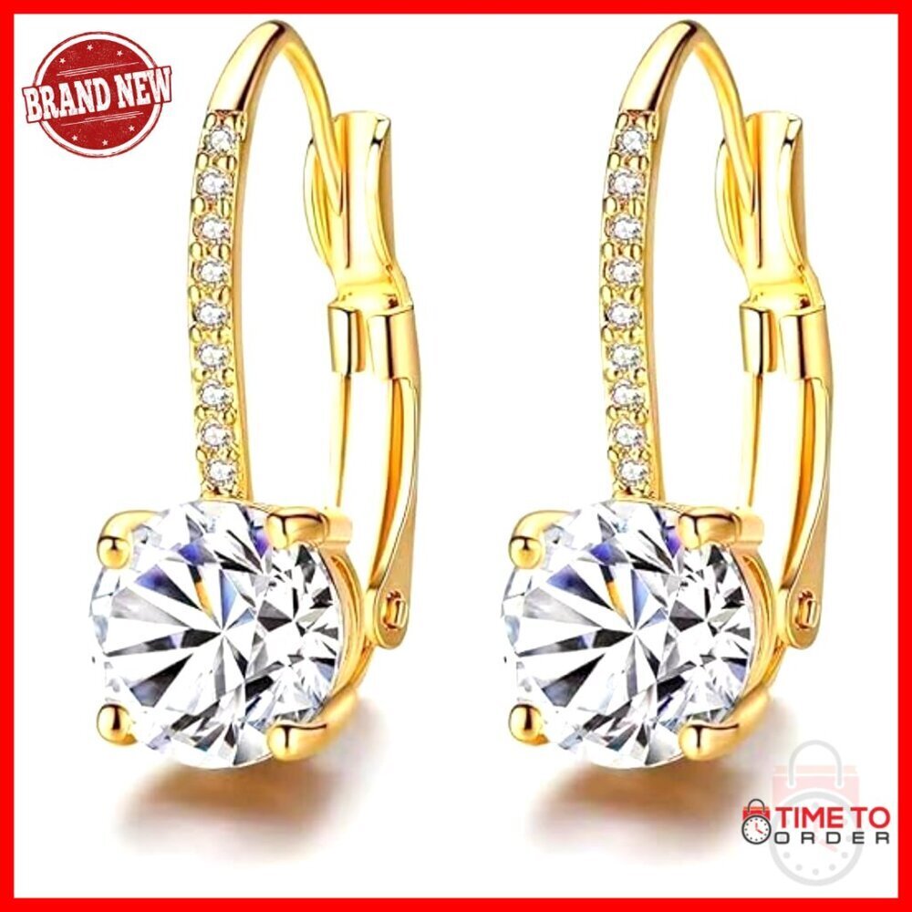 14K Gold Plated Leverback Drop Earrings with CZ Stones 26mm Length